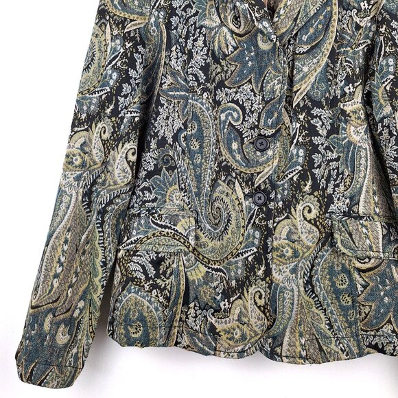 Sunset Cove Paisley Tapestry Blazer Size 14. Blue Black Gold Threads Floral - Picture 4 of 14